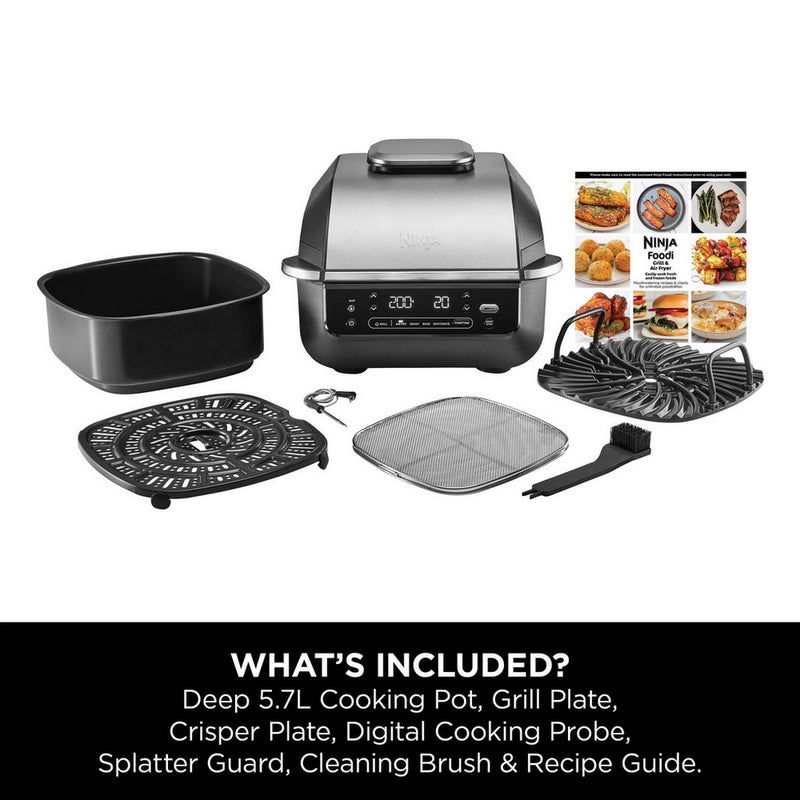 Ninja EG351UK 5-in-1 Grill and Air Fryer 5.7L with Digital Cooking Probe - Black and Silver
