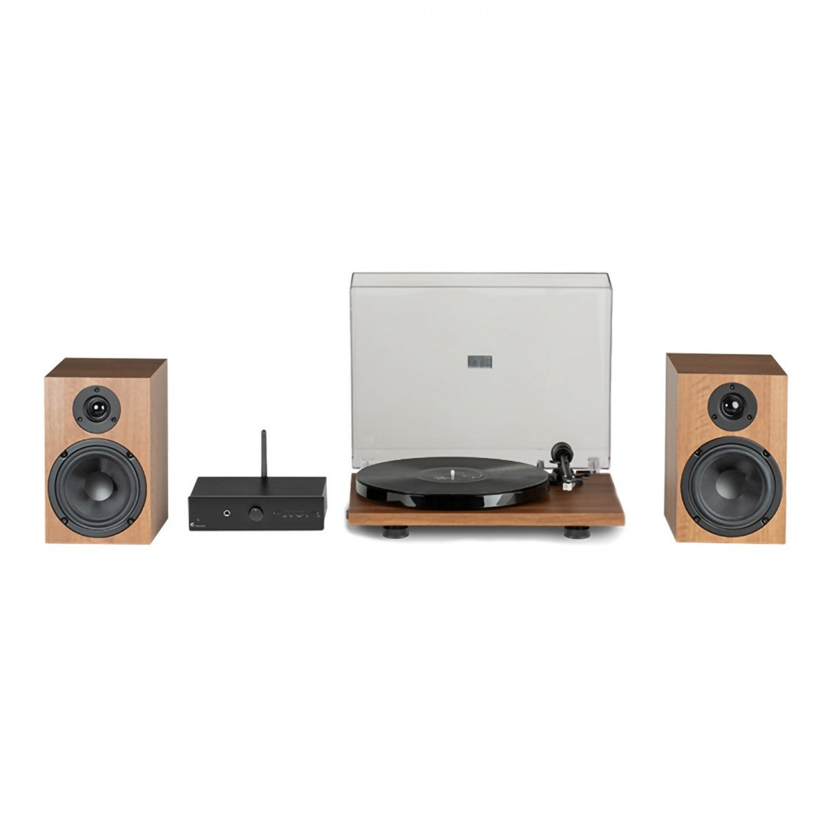 Pro-Ject Stereo Set E1 All-In-One Hi-Fi Set including E1 Turntable with Stereo Box E Integrated Amp and Speaker Box 5E Speakers - Walnut Walnut