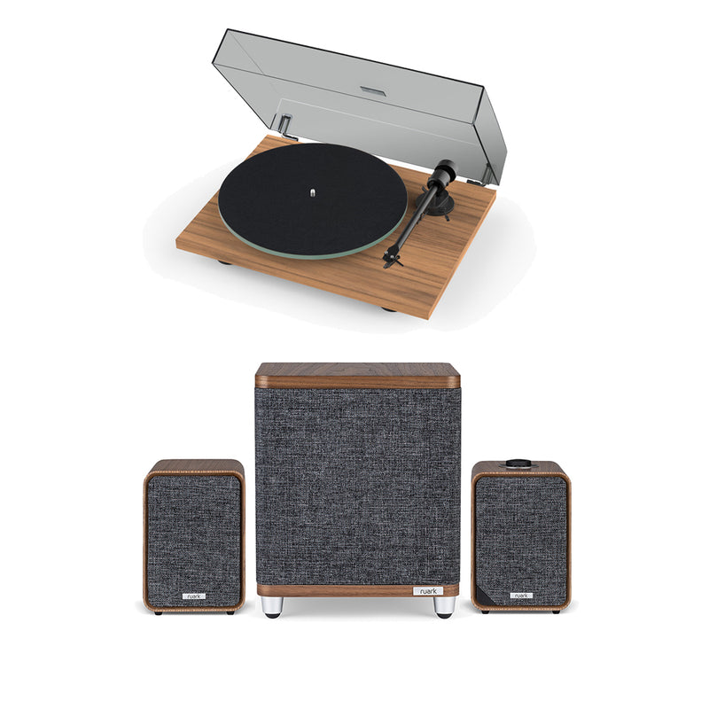 Pro-Ject T1 EVO Phono Turntable with Ruark MR1 MK3 Active Bluetooth Speakers & RS1 Subwoofer Walnut
