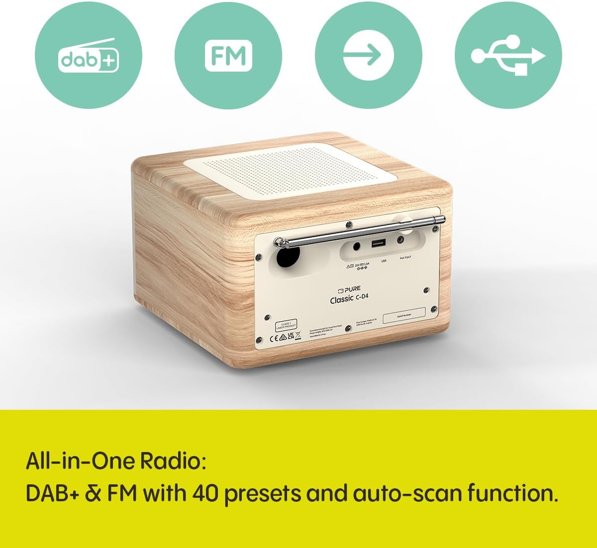 Pure Classic C-D4 DAB DAB+ FM Radio with CD Player & Bluetooth Cotton White Oak - Ex-Display Clearance