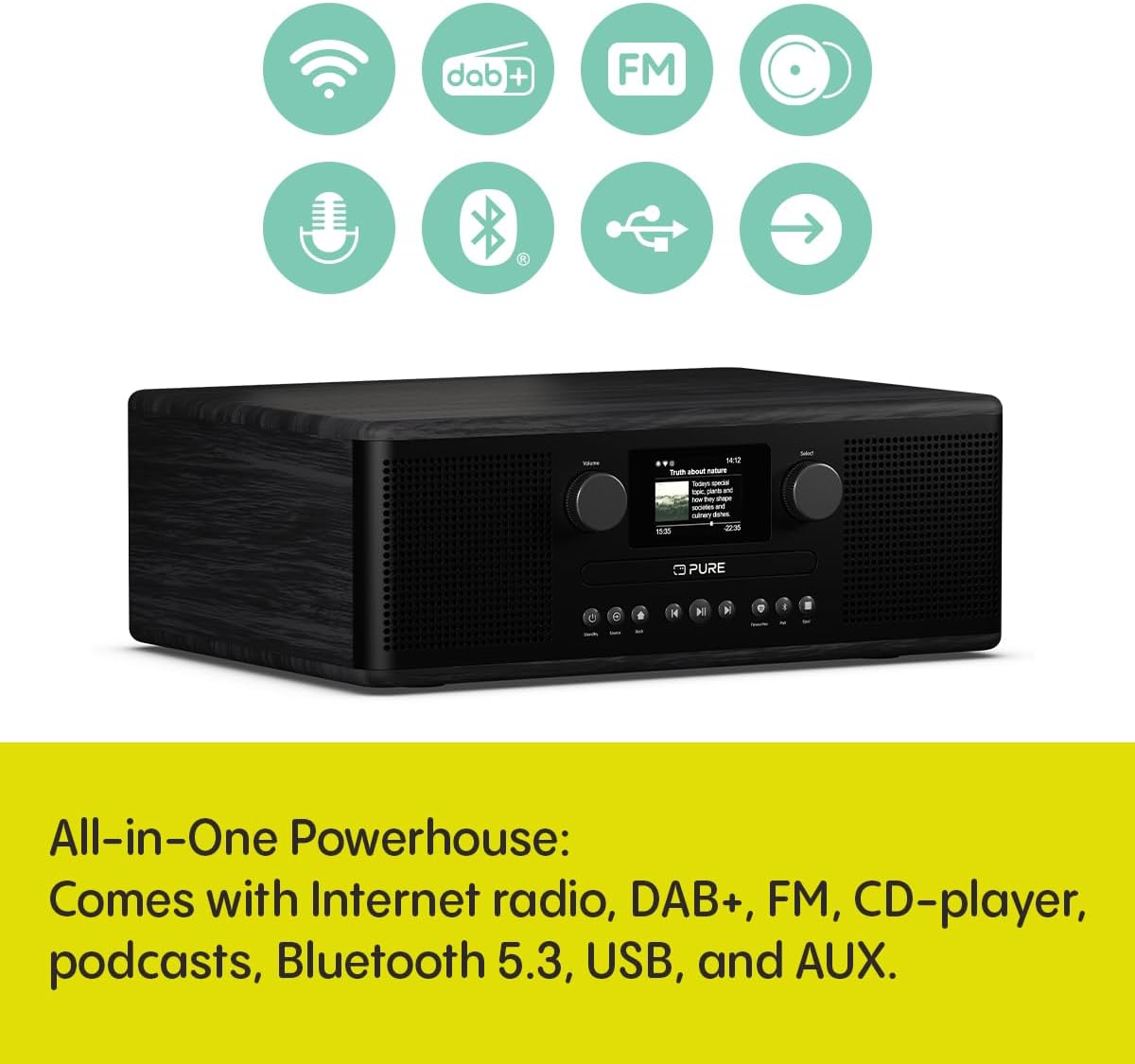 Pure Classic C-D6i All in One Internet Radio with DAB+ FM Bluetooth CD Player Stereo Sound System Black - Ex -Display Clearance
