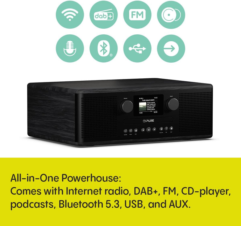 Pure Classic C-D6i All in One Internet Radio with DAB+ FM Bluetooth CD Player Stereo Sound System Black - Ex -Display Clearance