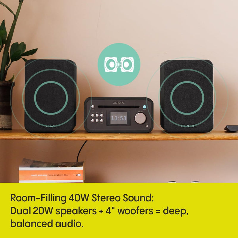 Pure Classic Stereo Mini DAB DAB+ FM Radio with Bluetooth CD Player Micro Stereo System Black Black