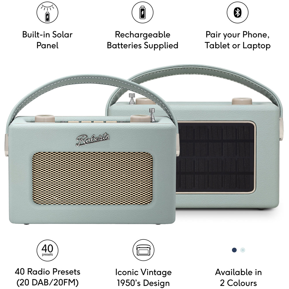 Roberts Revival Uno Solar DAB/DAB+/FM Bluetooth Solar Powered Portable Digital Radio Duck Egg Blue Duck Egg Blue