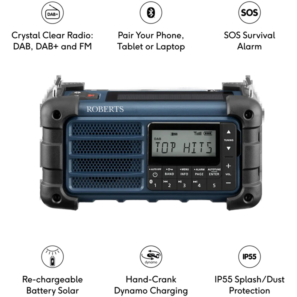 Roberts SolarDAB 99 DAB+/FM Bluetooth Solar and Dynamo Powered Digital Radio Blue