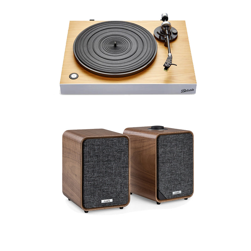 Roberts Stylus Luxe Turntable with Built-In Preamp and Ruark MR1 MK3 Active Bluetooth Speakers with Built-in MM Phono Preamp Walnut