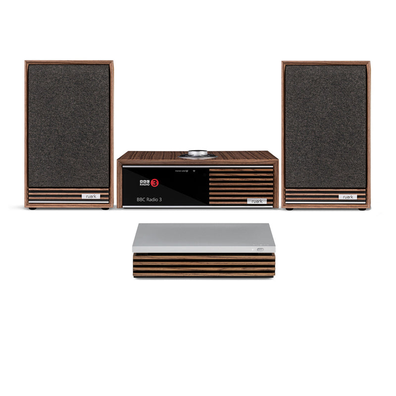 Ruark R610 Music Console & Sabre-R Bookshelf Speakers Pair Walnut with R-CD100 CD Player