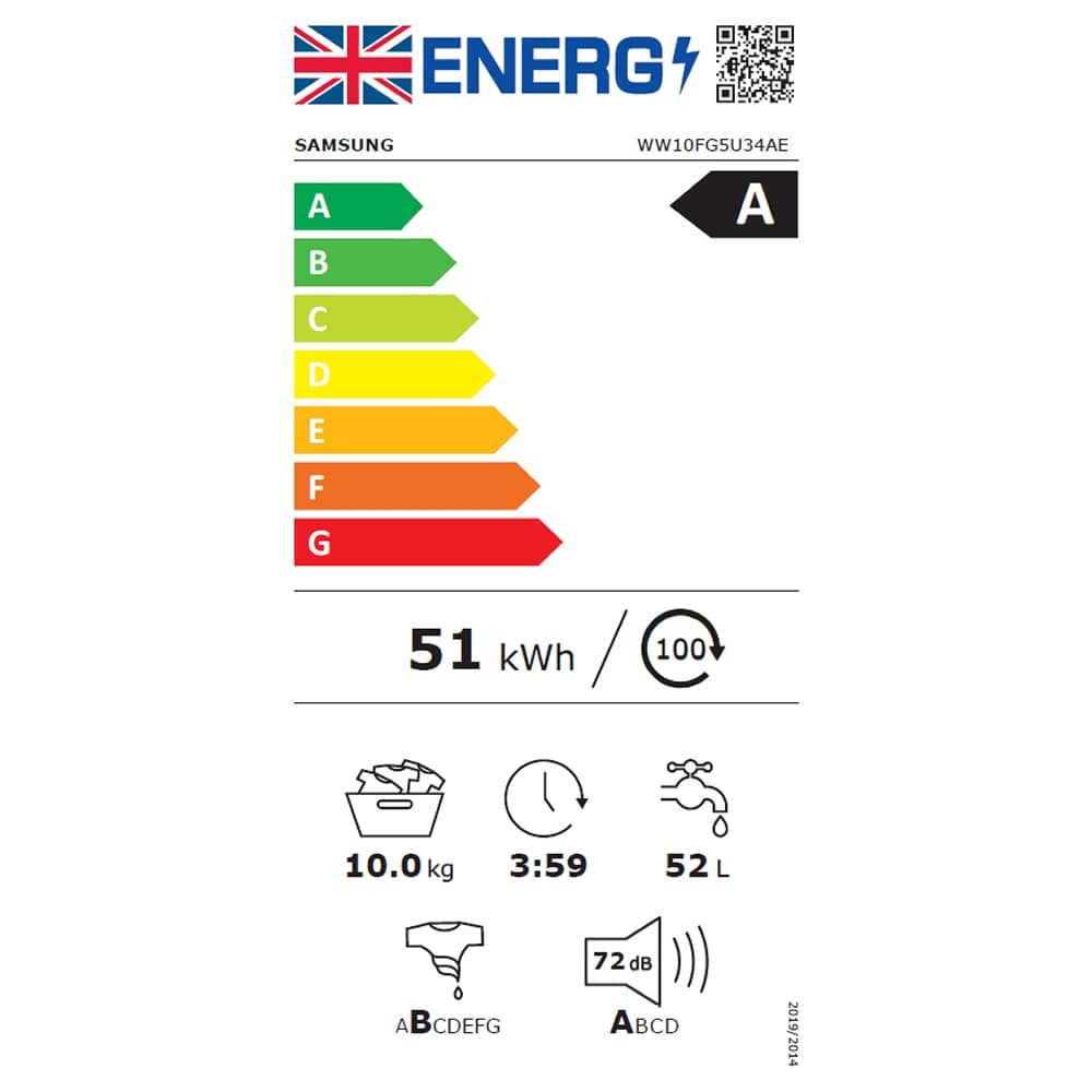 Samsung Series 5 AI Energy WW10FG5U34AEEU 10kg WiFi Connected Washing Machine with 1400 Spin White - A Rated White