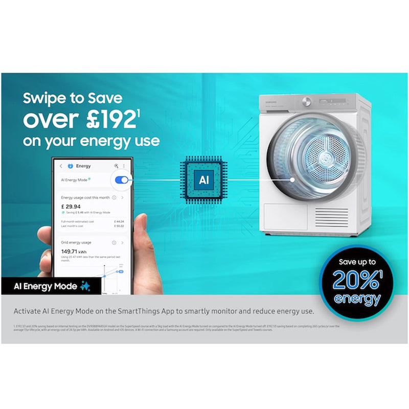 Samsung Series 9 DV90F09F4SU1 with AI Home 9kg Heat Pump Tumble Dryer Dark Grey