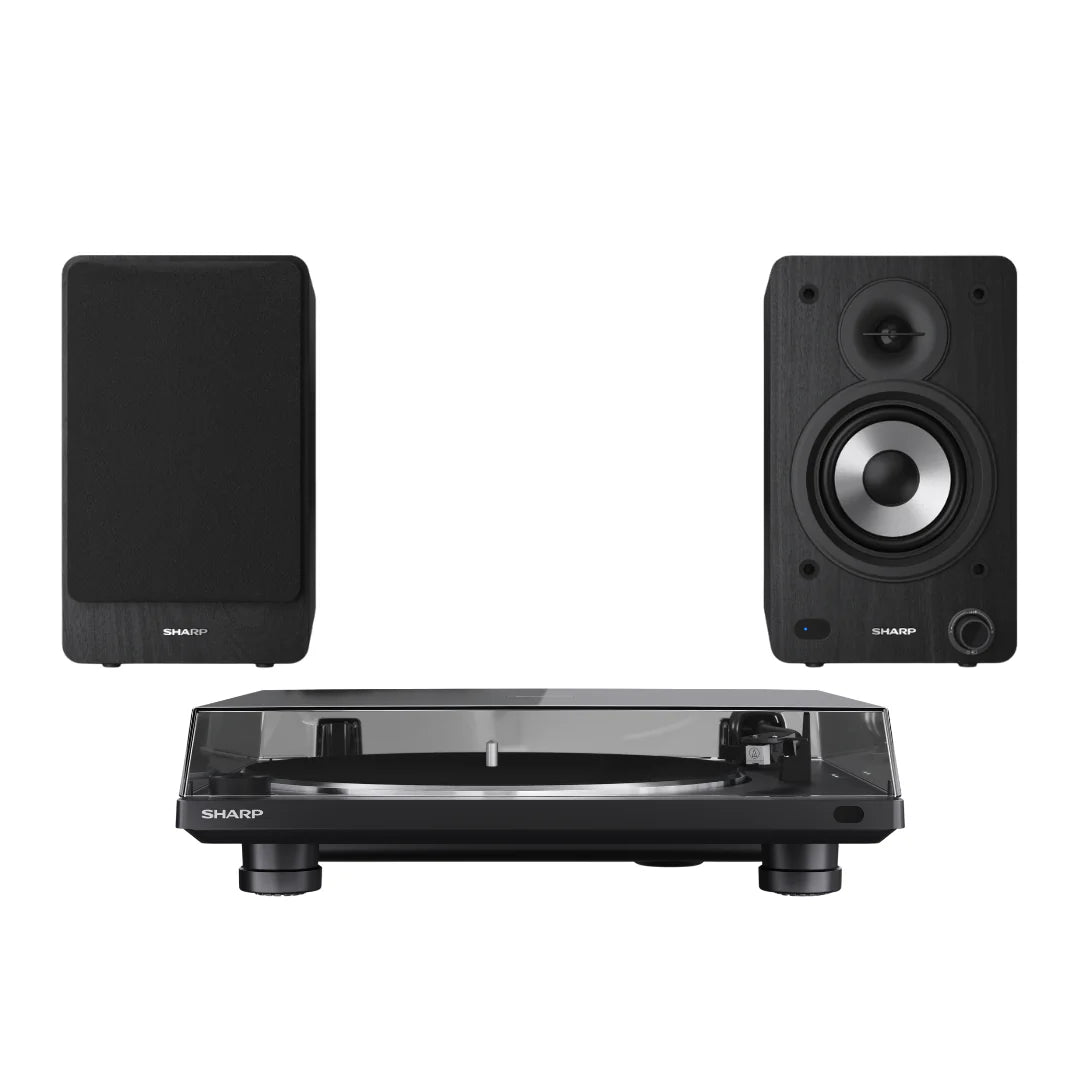 Sharp RP-TT100 Fully Automatic Bluetooth Turntable with CP-SS30 BK Active Bookshelf Speakers Pair - Black