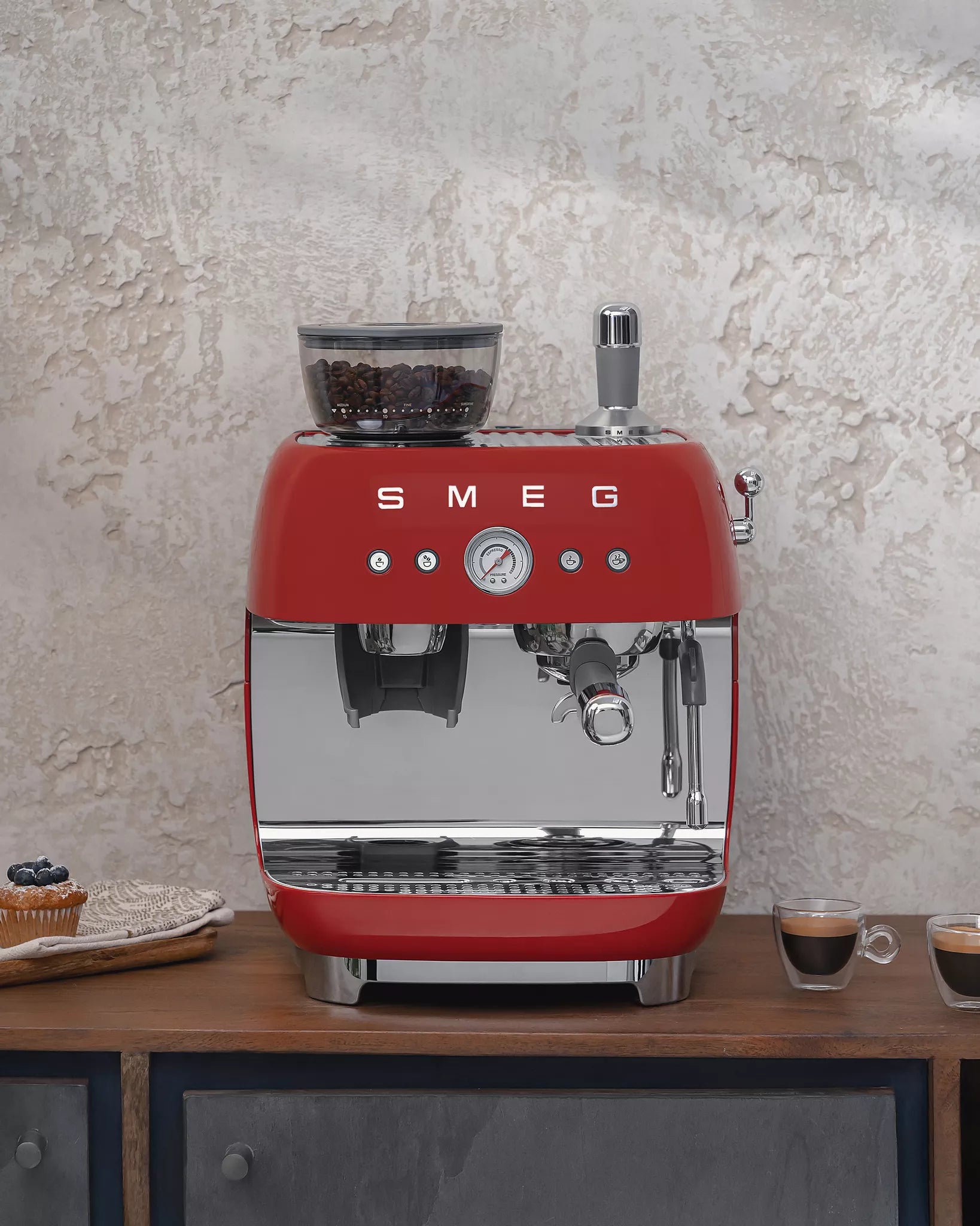 Smeg EGF03RDUK Retro Espresso Coffee Machine with Grinder in Red Red