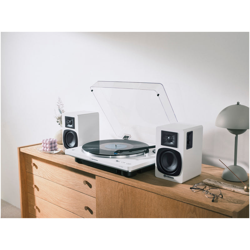 Sony PS-LX310BT Bluetooth Turntable with Audio Technica AT-SP3X White Powered Bookshelf Speakers HiFi Package