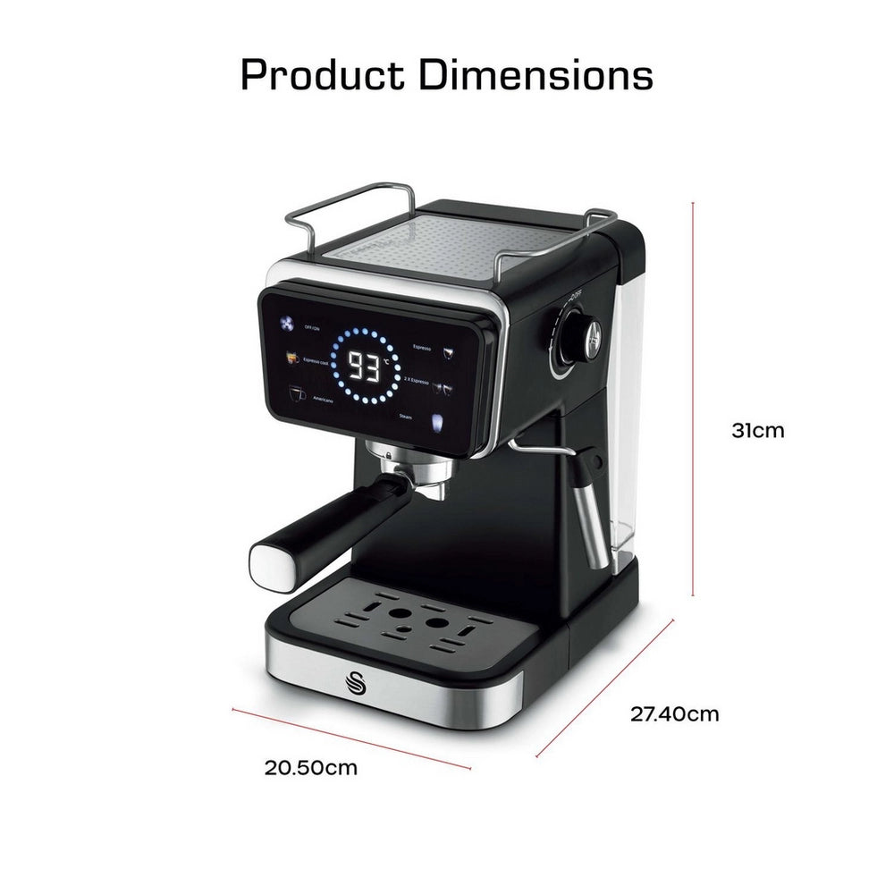 Swan SK22113BLK Espresso Digital Coffee Machine with Built-in Milk Frother - Black