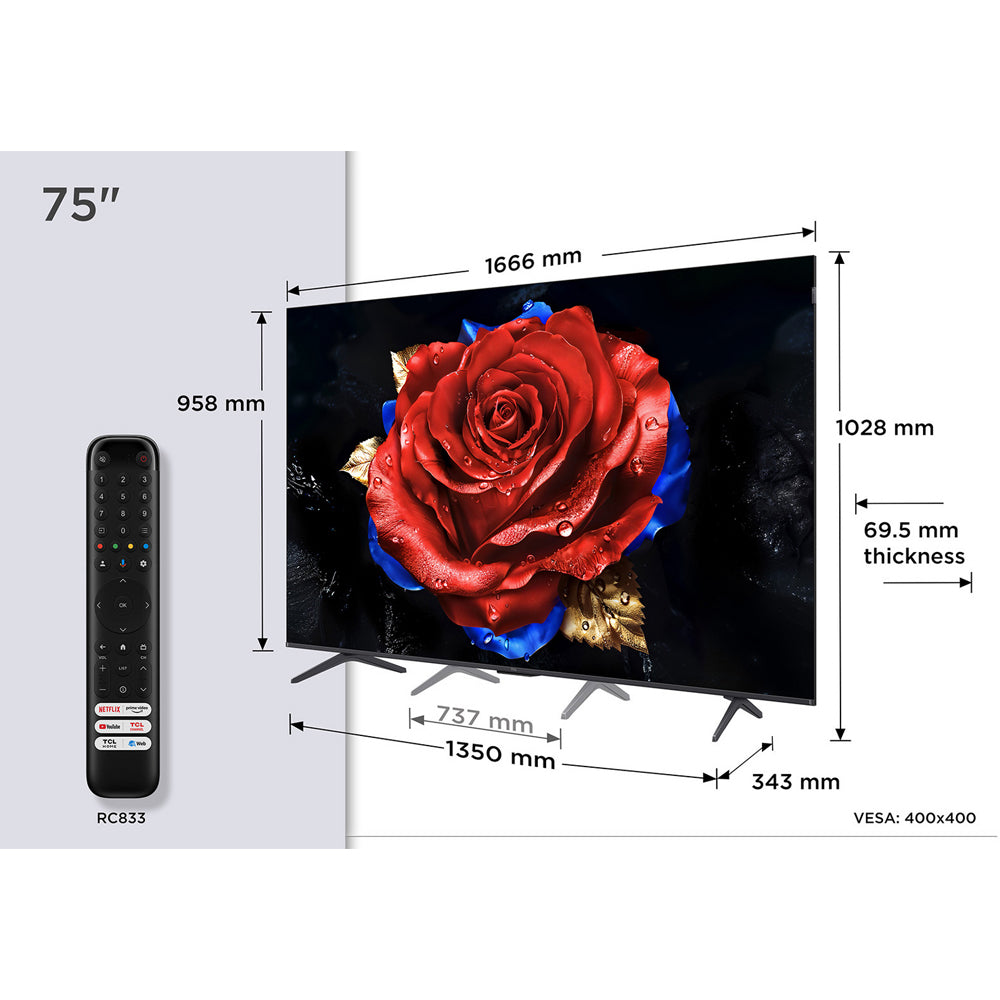 TCL 75T8C-UK 75 Inch T8C 4K QLED Ultra HD HDR Smart Google TV with 144Hz Motion Clarity Pro and Onkyo 2.1 sound 2025 75 Inch