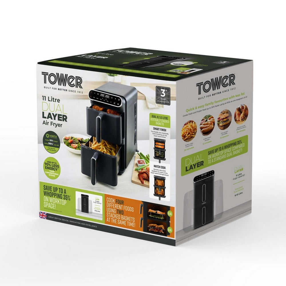 Tower T17190 Vortx 11L Dual Layer Air Fryer - Black with Chrome Trim