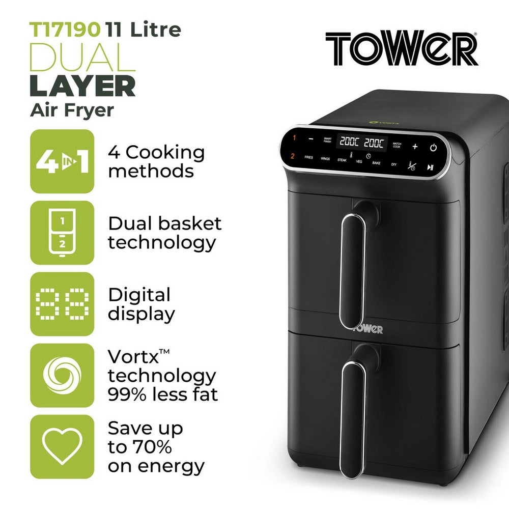Tower T17190 Vortx 11L Dual Layer Air Fryer - Black with Chrome Trim