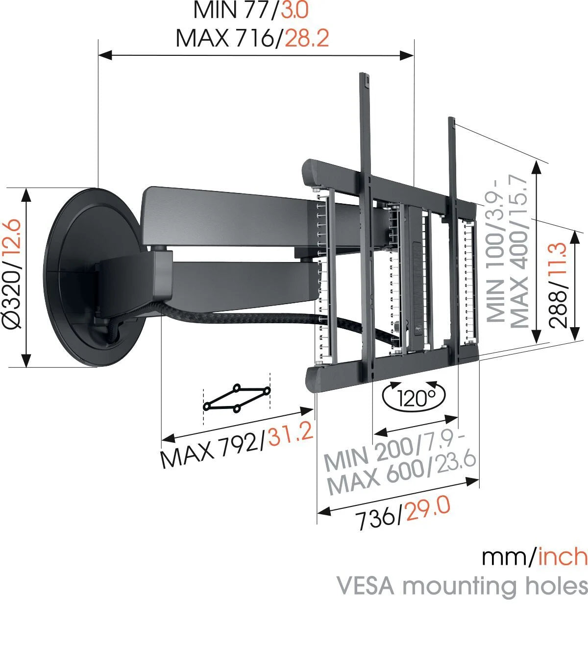 Vogels TVM 7675 (Black) 40 - 77 inch Motorised Cantilever TV Bracket with SOUND 3550 Sound Bar Mount Package