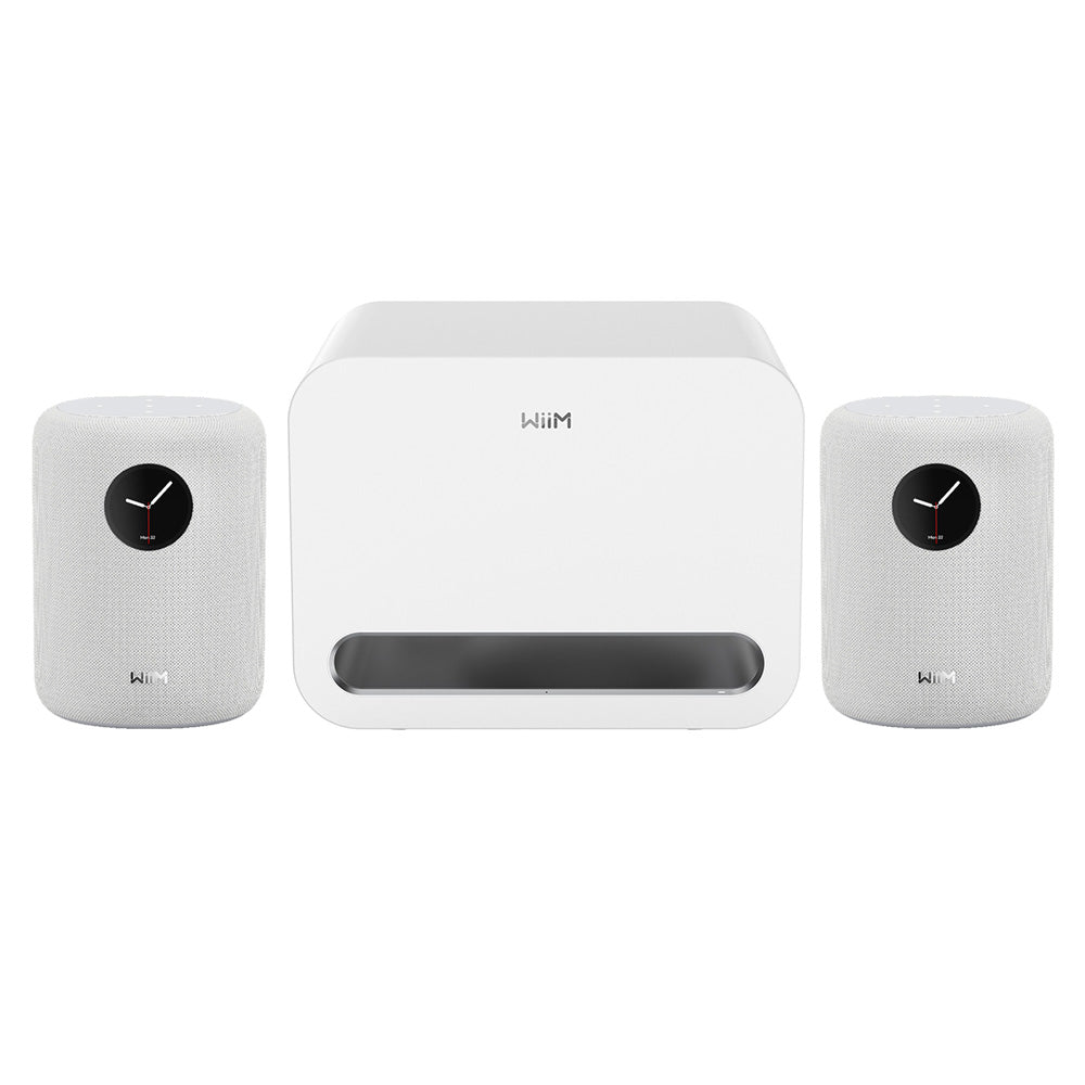 WiiM AMP ULTRA Streaming Amp Silver with WiiM Sound Mulitroom Speakers Pair & Sub Pro Subwoofer White HiFi Package Silver
