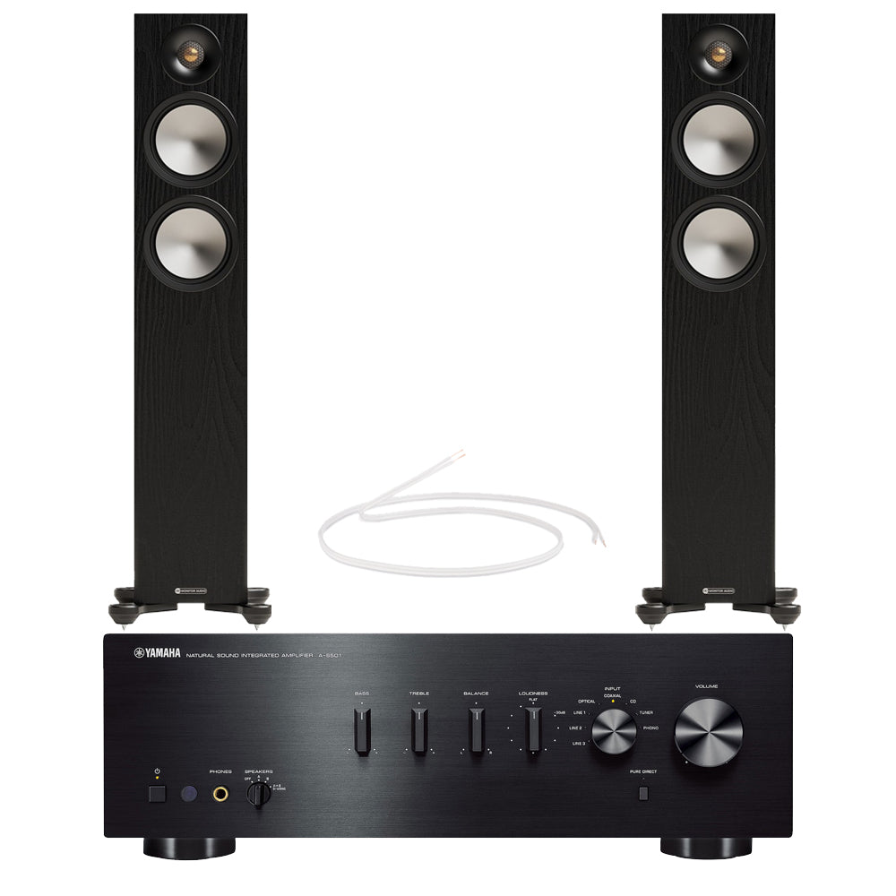 Yamaha AS501 Integrated Amplifier with Monitor Audio Bronze 300 7G Floorstanding Speakers Pair Black HiFi Package