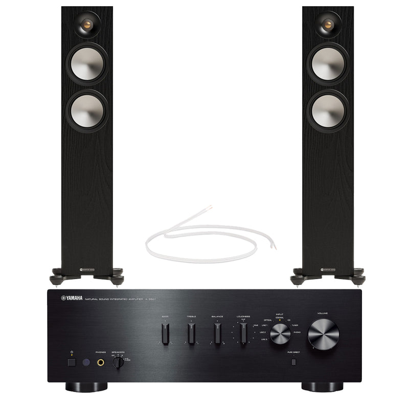Yamaha AS501 Integrated Amplifier with Monitor Audio Bronze 300 7G Floorstanding Speakers Pair Black HiFi Package