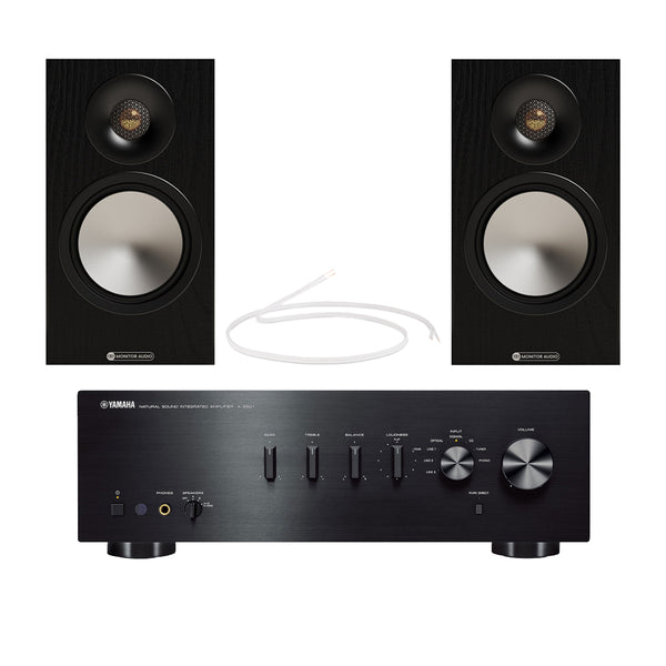 Yamaha AS501 Integrated Amplifier with Monitor Audio Bronze 50 7G Bookshelf Speakers Pair Black HiFi Package