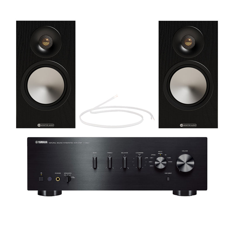 Yamaha AS501 Integrated Amplifier with Monitor Audio Bronze 50 7G Bookshelf Speakers Pair Black HiFi Package