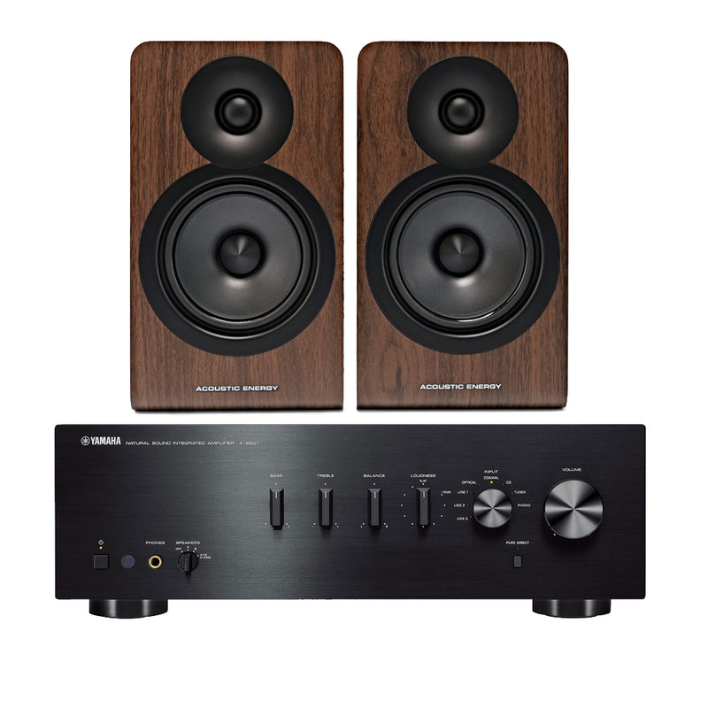 Yamaha AS501 Integrated Stereo Amplifier with Acoustic Energy AE100 MK2 Bookshelf Speakers Pair Walnut HiFi Package