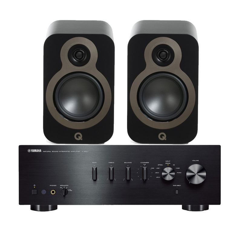 Yamaha AS501 Integrated Stereo Amplifier with Q Acoustics 3020C Bookshelf Speakers Pair Black HiFi Package