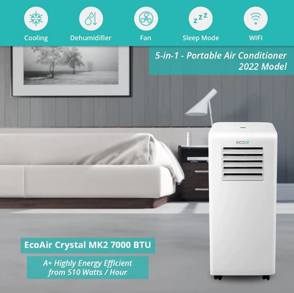 I-eco IPAC-100022 Crystal 7000 BTU Portable Air Conditioner with Smart App & Remote Control