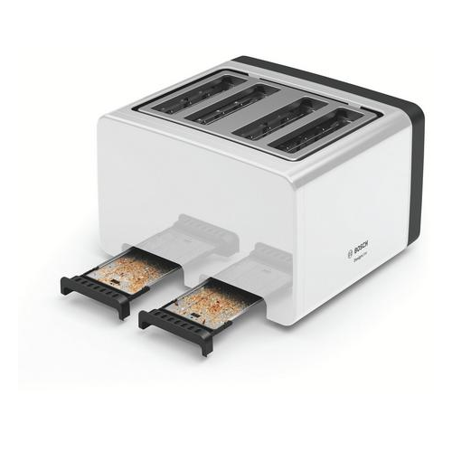 Bosch TAT5P441GB 4 Slice Toaster Crumb Tray In White Angled Image