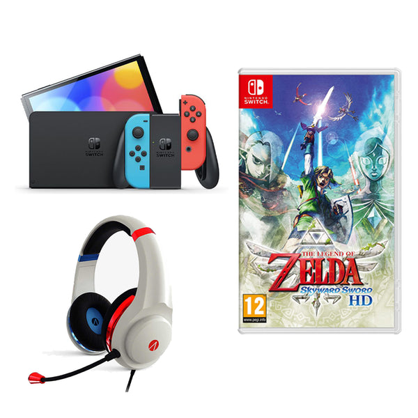 Nintendo Switch OLED Neon Blue and Red with Zelda Skyward Sword and Stealth Gaming Headset Bundle